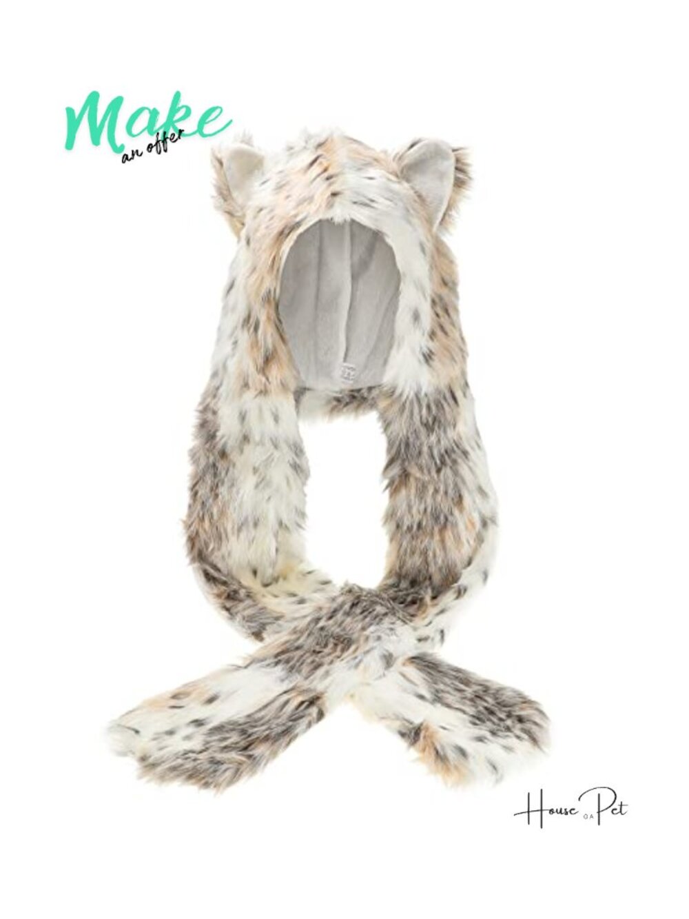 Faux Fur Animal Hooded Scarf with Paw Mittens Winter Warm Plush Beanie